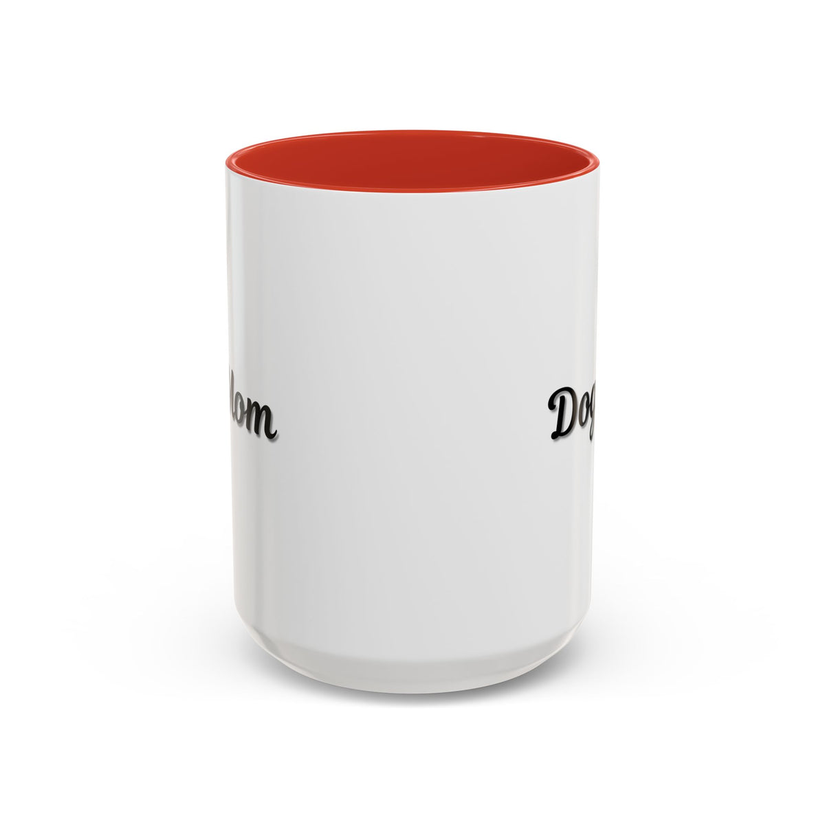 Dog Mom Accent Coffee Mug — white ceramic coffee mug with retro script "Dog Mom" print, colored interior and C-handle, 11oz/15oz, additional angle