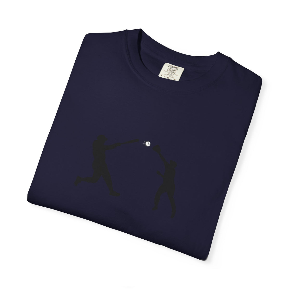 Black baseball silhouette T-shirt featuring a minimal graphic of a baseball player on a casual crew neck tee.