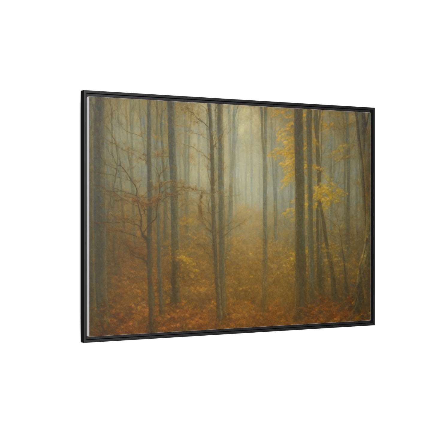 Framed matte canvas wall art depicting a misty autumn forest scene with trees and fall colors, by Printify.