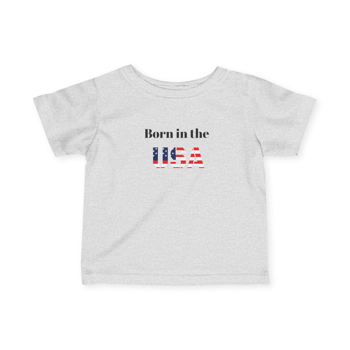 Baby infant tee featuring "Born in the USA" patriotic design, made by Printify, perfect for kids' casual wear.