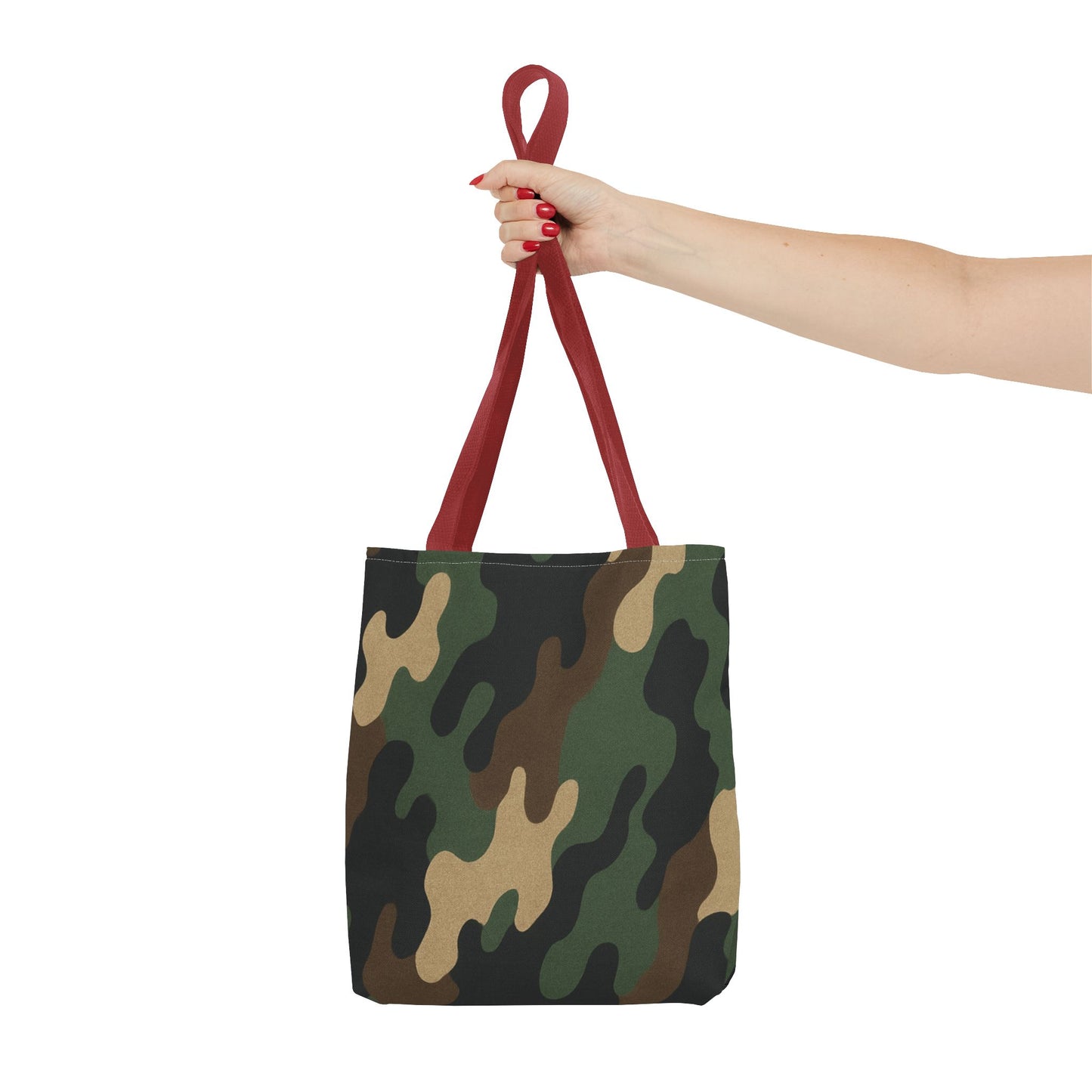 Camo pattern tote bag made of canvas with all-over print, designed for carrying personal items, by Printify.
