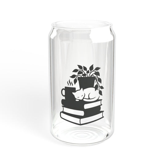16oz glass sipper mug by Printify featuring a cozy booklover design, ideal for reading and enjoying beverages.