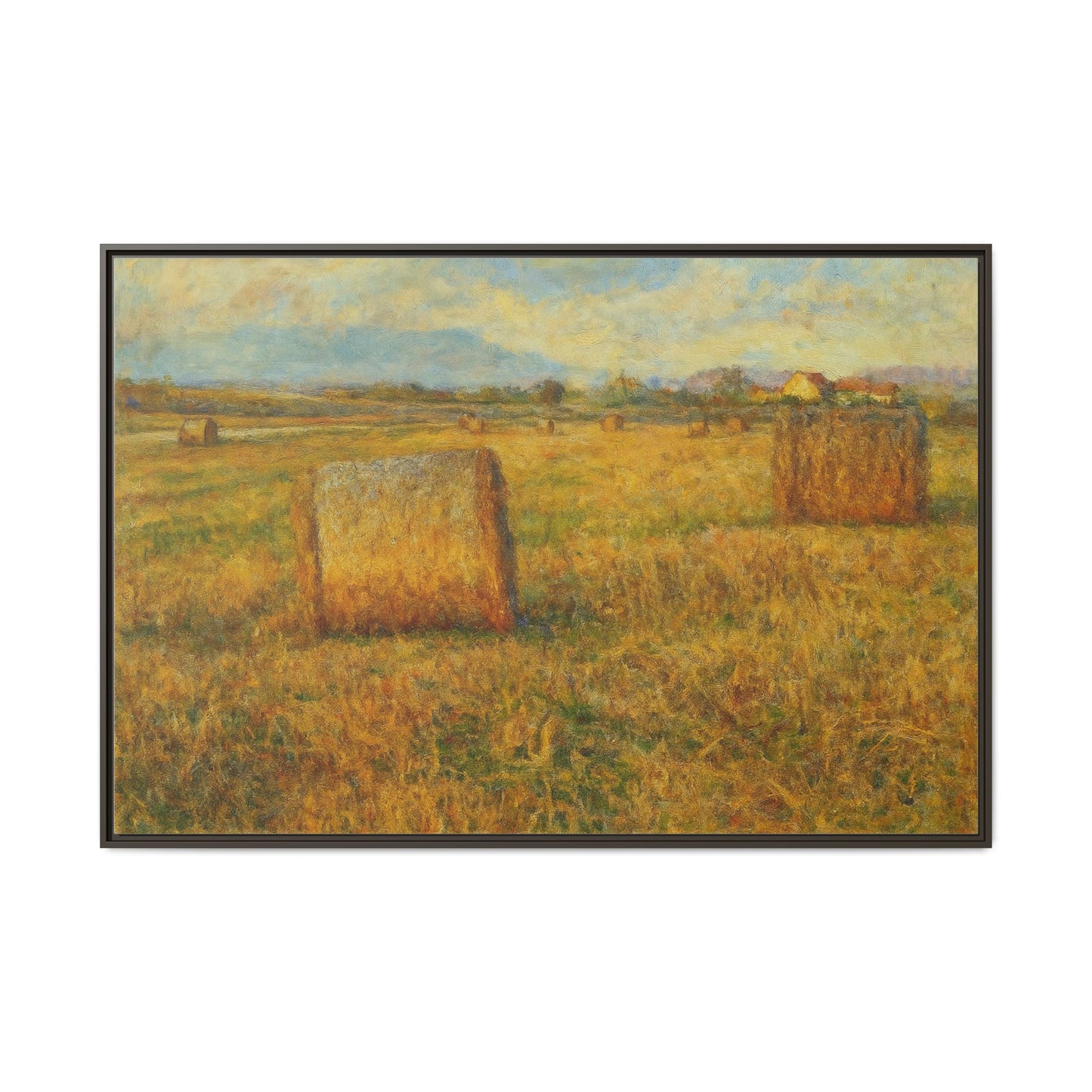 Framed matte canvas wall art featuring a rustic hayfield landscape print by Printify for home decor.