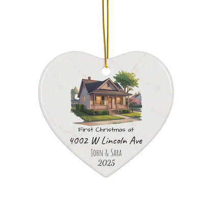 Personalized custom house illustration ceramic Christmas ornament with address and names on both sides, ideal for holiday decor.