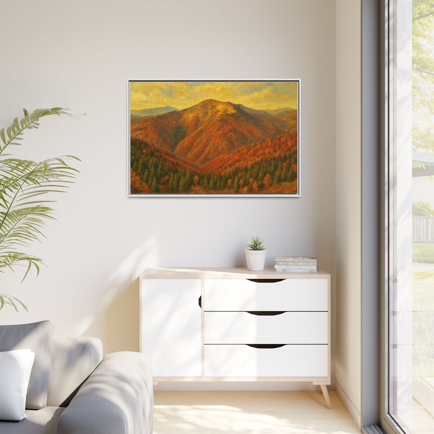 Autumn mountain matte canvas framed wall art by Printify featuring a scenic mountain landscape in warm fall colors.