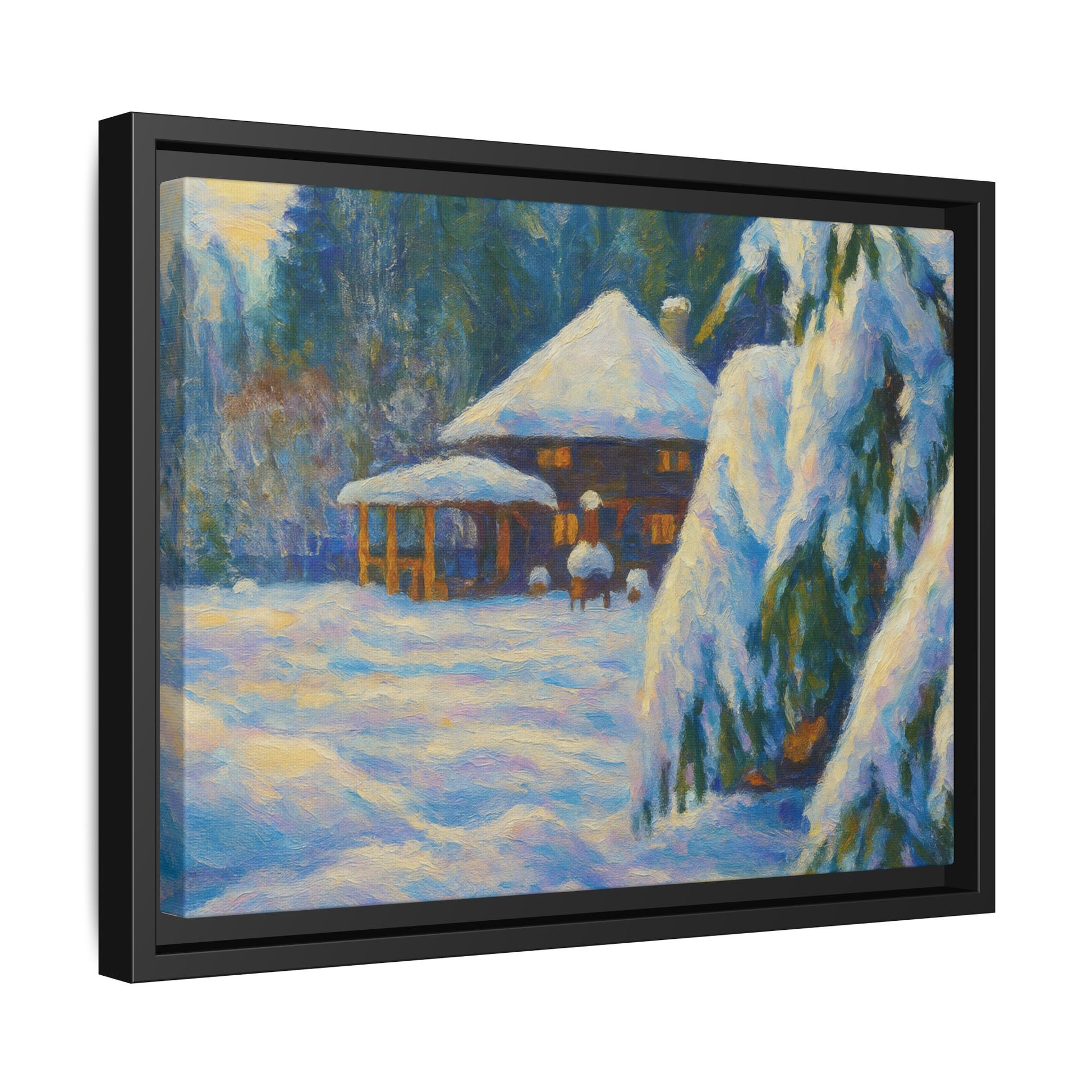 Framed matte canvas wall art featuring a snowy cabin winter landscape with trees and a peaceful winter scene.