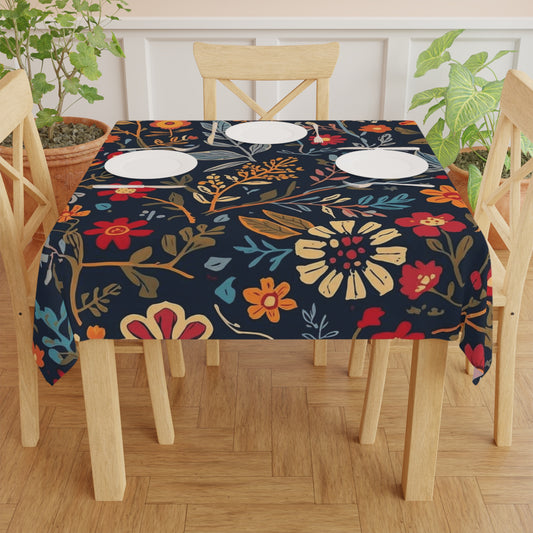 Navy floral tablecloth with autumn botanical print, ideal for dining and entertaining, featuring vibrant floral patterns on fabric.