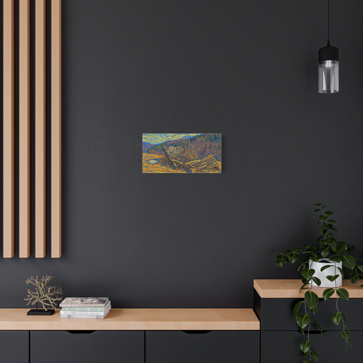 Impressionist Starry Landscape canvas print by Printify featuring a night sky with stars and a scenic landscape in vibrant colors.