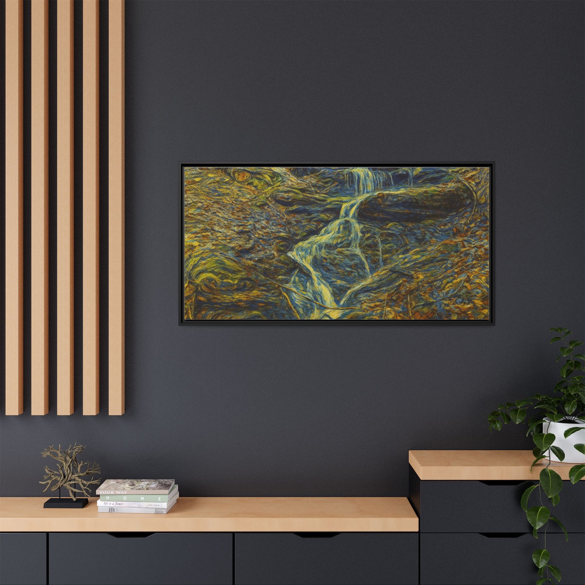 Framed matte canvas wall art featuring a scenic autumn forest waterfall, showcasing vibrant fall colors and natural landscape.
