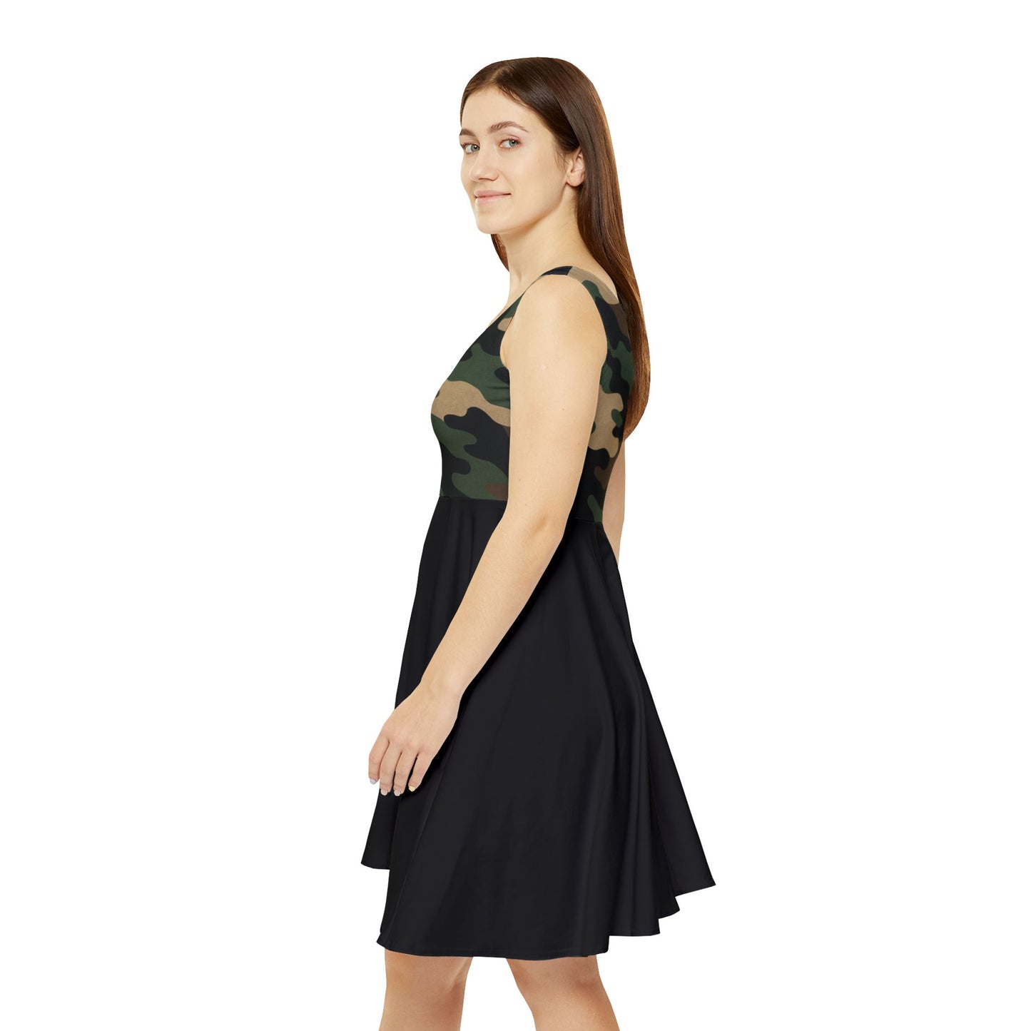 Women's camo print skater dress featuring all-over camouflage pattern, perfect for casual summer style, by Printify.