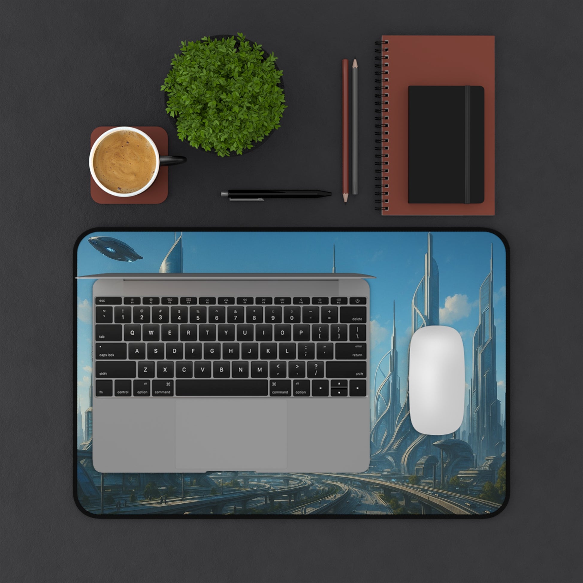 Futuristic cityscape desk mat with sci-fi skyline design, Printify branded mousepad for modern workspace or gaming setup.