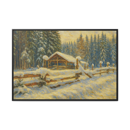Winter landscape painting of a snowy cabin printed on canvas, framed wall art by Printify featuring a cozy winter scene.