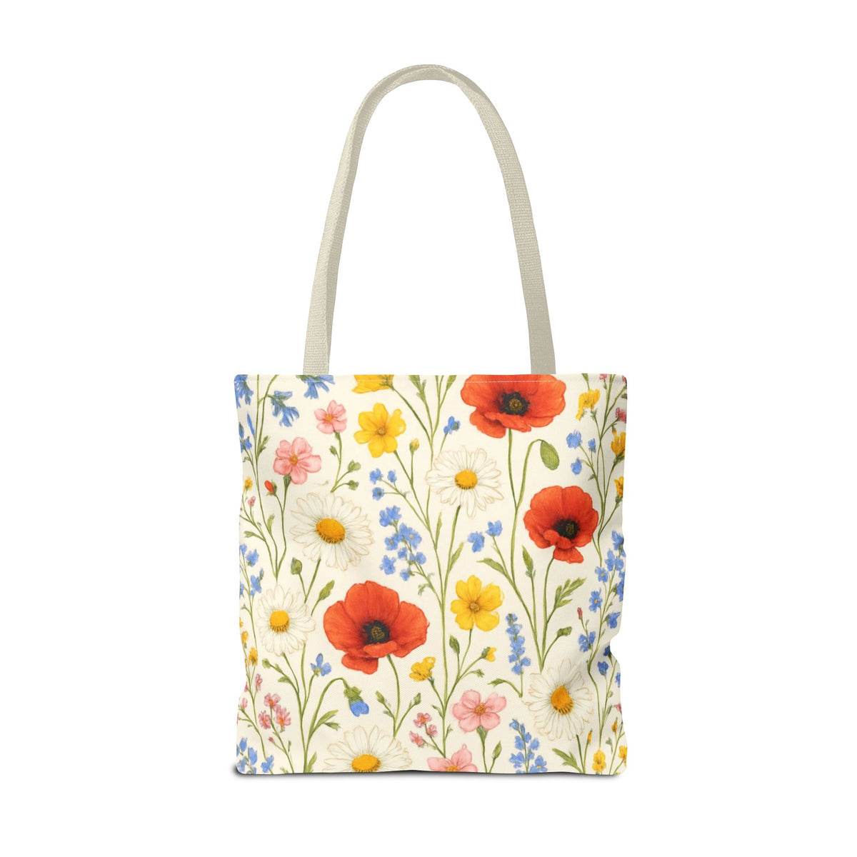 Wildflower Poppy print tote bag by Printify featuring a floral all-over pattern in vibrant colors, made of durable fabric.