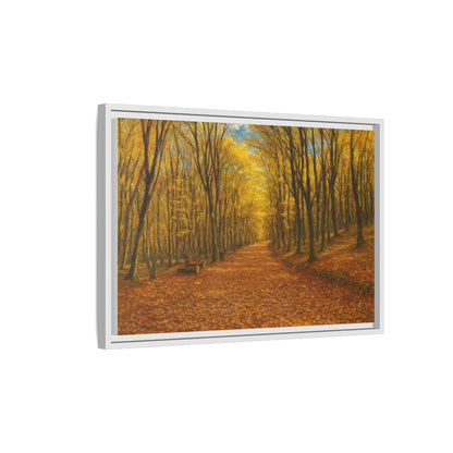 Autumn forest path matte canvas wall art by Printify featuring a scenic woodland trail with vibrant fall foliage.