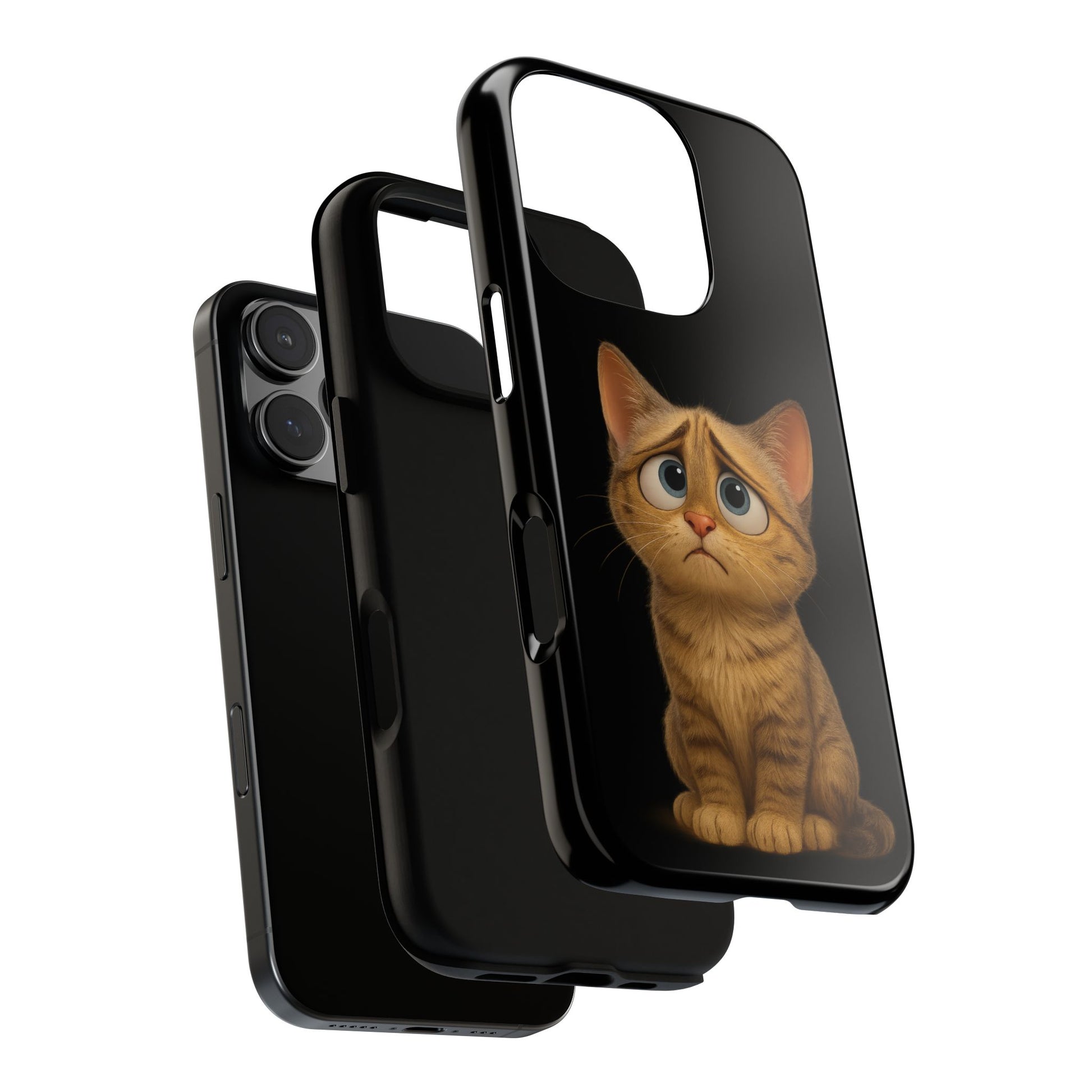 Cute sad kitty print phone case for iPhone, protective Cat Phone Case by Printify featuring a sad kitten graphic.