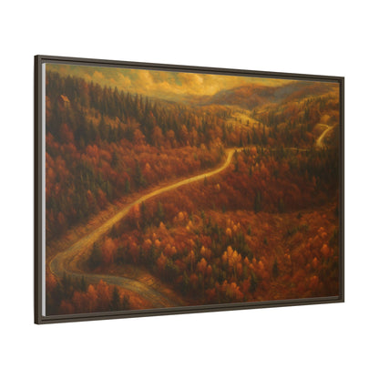 Framed matte canvas print of autumn forest road landscape wall art by Printify, showcasing vibrant fall colors and scenic nature scene.