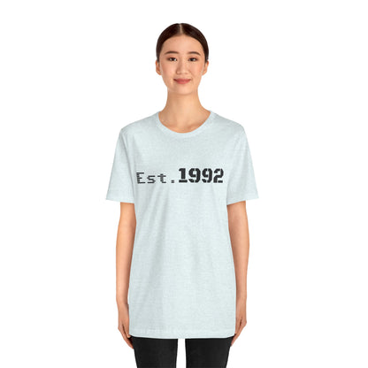 Retro vintage Est. 1992 T-shirt by Printify featuring classic design and birth year text, casual unisex T-shirt for everyday wear