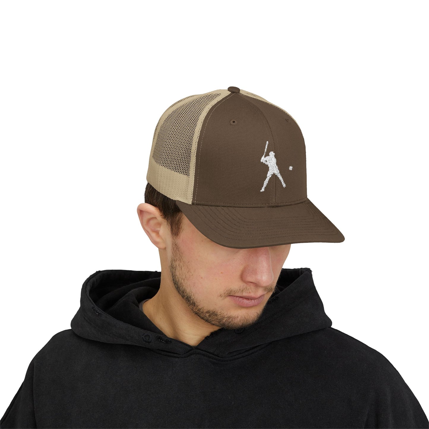 Vintage batter silhouette baseball snapback trucker cap by Printify, featuring a classic design and adjustable fit.