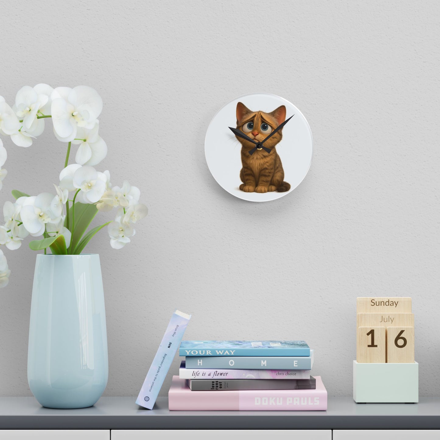 Sad Cartoon Kitten Acrylic Wall Clock – Cute Nursery Cat Decor