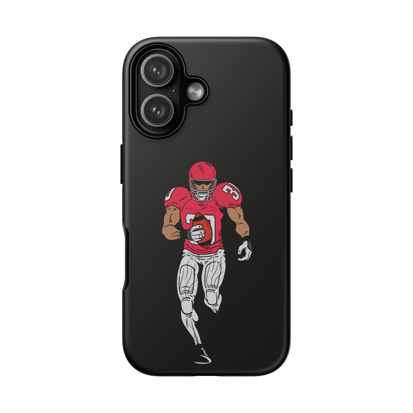 Black football player tough phone case for iPhone, protective sports design by Printify, featuring an athletic football theme.