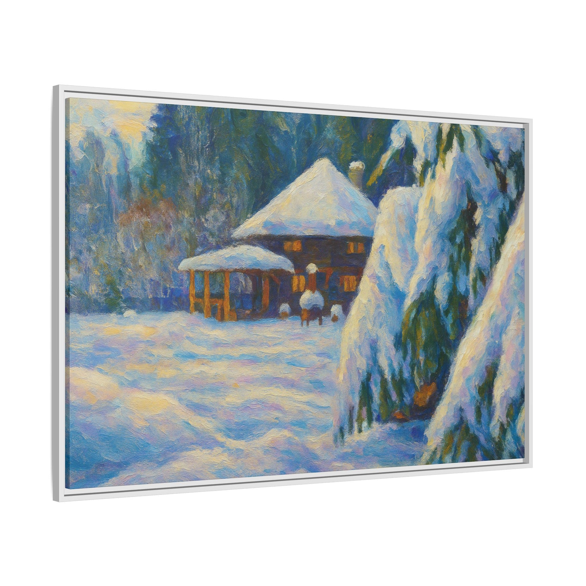 Framed matte canvas print of a snowy cabin winter landscape wall art depicting a cozy winter scene with trees and snow.