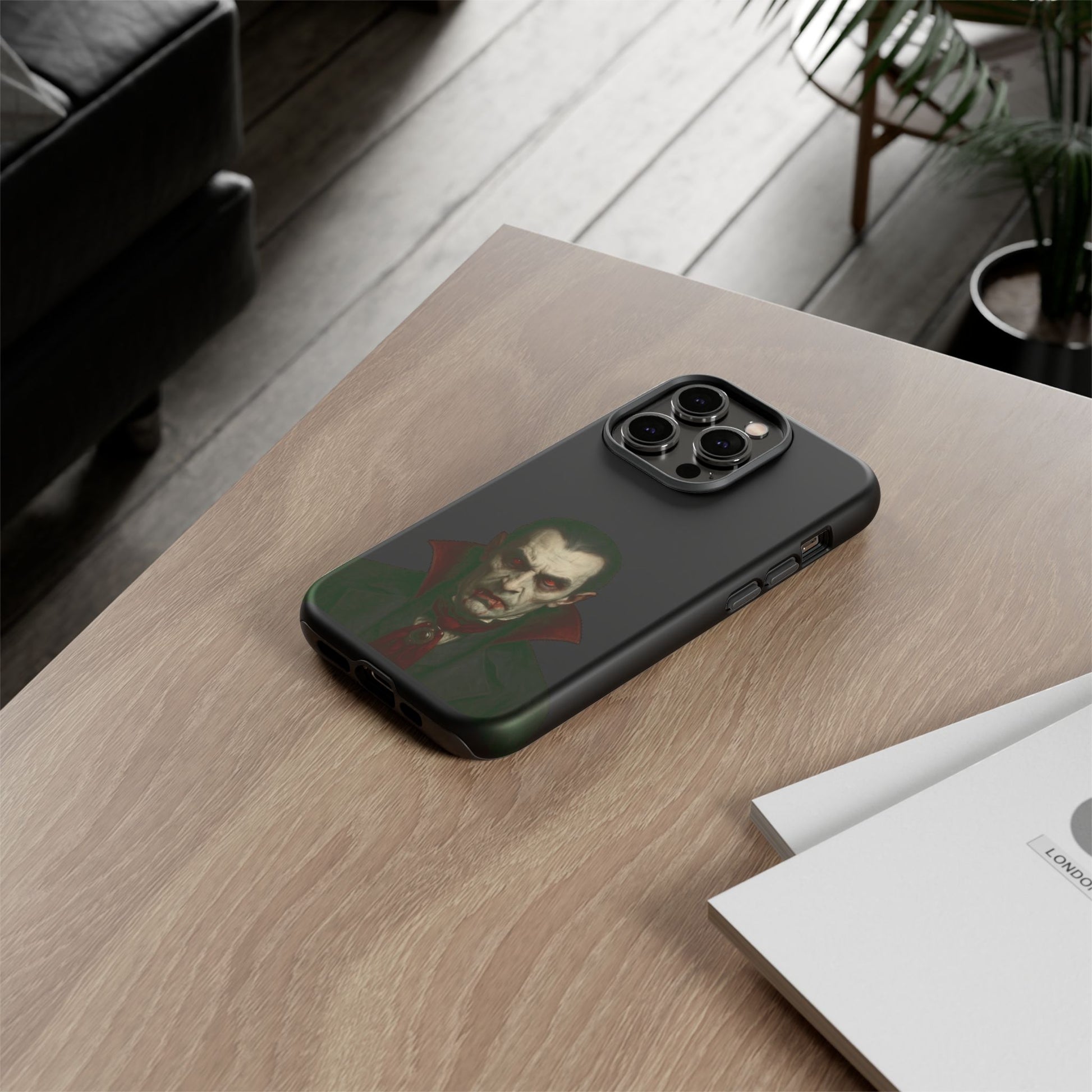 Gothic vampire portrait phone case for iPhone featuring Dracula horror design by Printify.