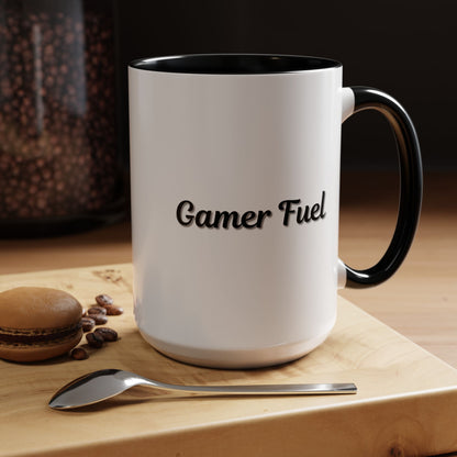 Printify Gamer Fuel coffee mug in 11oz or 15oz with a bold accent design, perfect for gamers and coffee lovers.