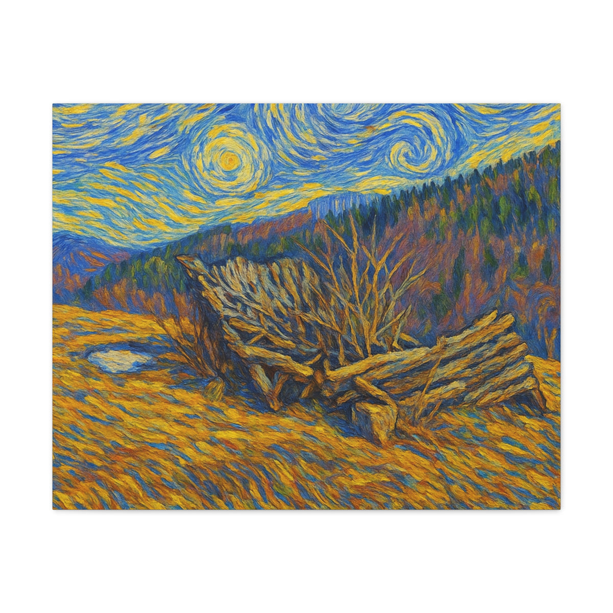 Impressionist Starry Landscape canvas print by Printify showcasing a vibrant night sky with stars and a scenic landscape.