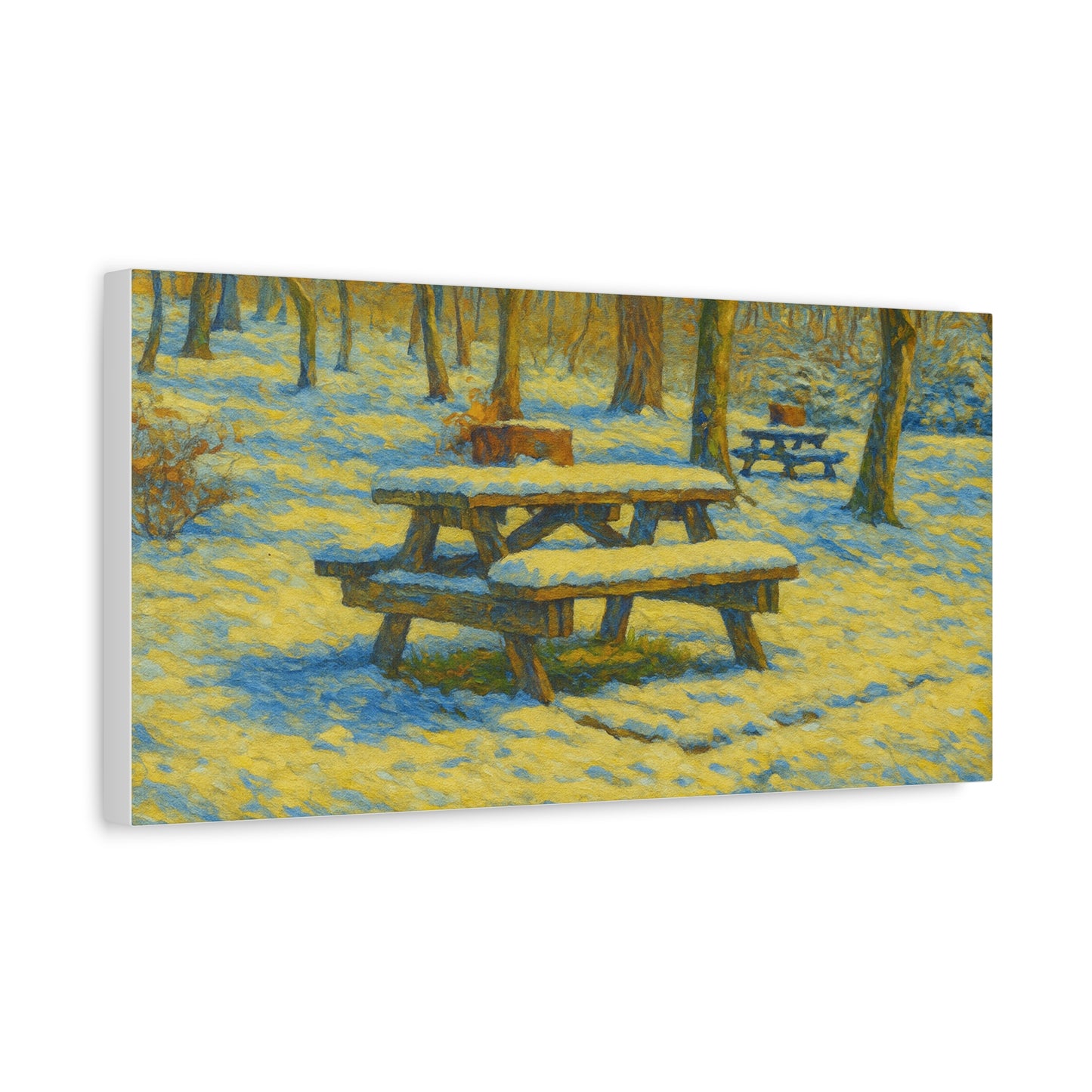 Winter picnic canvas print by Printify featuring a snow-covered park bench wall art for cozy winter decor.