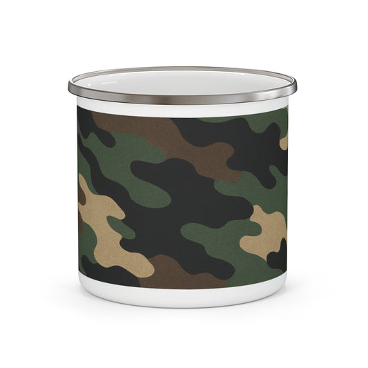 Camo enamel camping mug with Printify branding, featuring a rugged camouflage pattern and sturdy handle for outdoor use.
