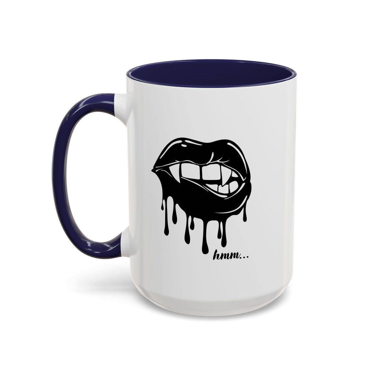 Black ceramic coffee mug featuring a dripping lips graphic and bite mark design, available in 11oz or 15oz sizes.