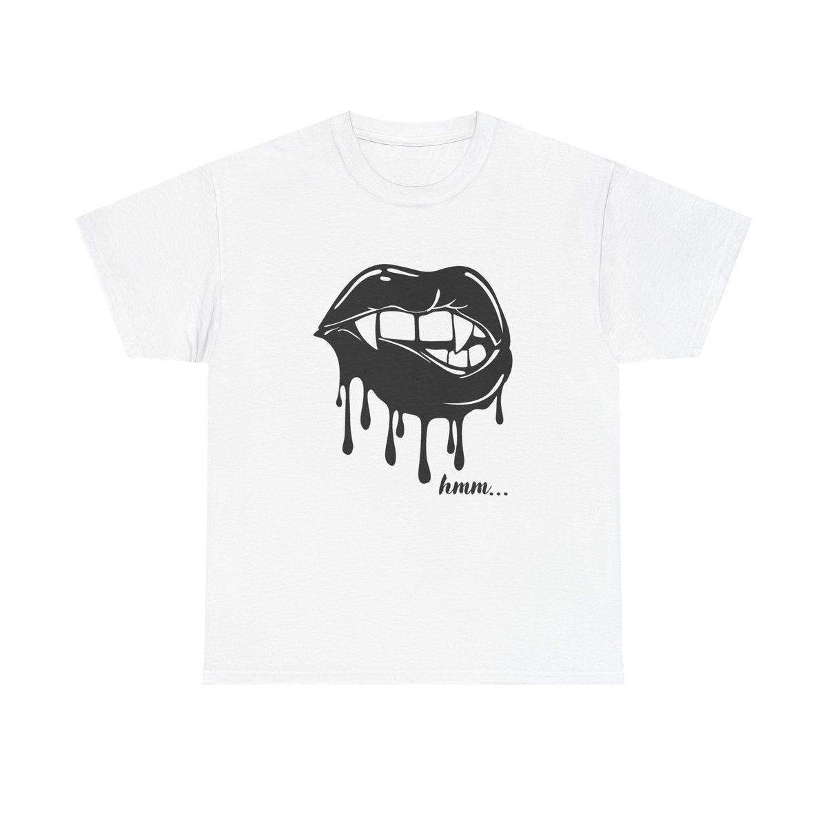 Black graphic T-shirt with dripping lips and "hmm..." bite design, featuring bold, artistic print from Printify.