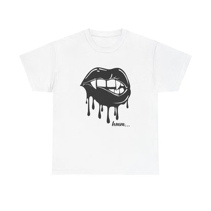 Black graphic T-shirt with dripping lips and "hmm..." bite design, featuring bold, artistic print from Printify.