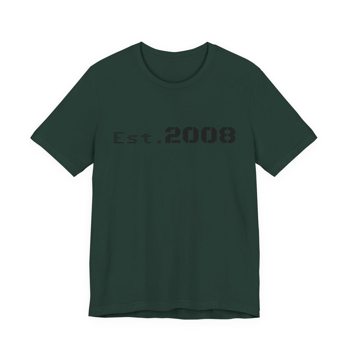 Black printed T-shirt by Printify featuring "Established 2008" and minimal graphic design on the front.