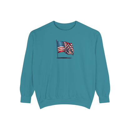 Patriotic Unisex Garment-Dyed Sweatshirt with Vintage American Flag, Cozy Fall Outfit, Statement Sweater, Gift for Veterans, Casual Fashion - TRV