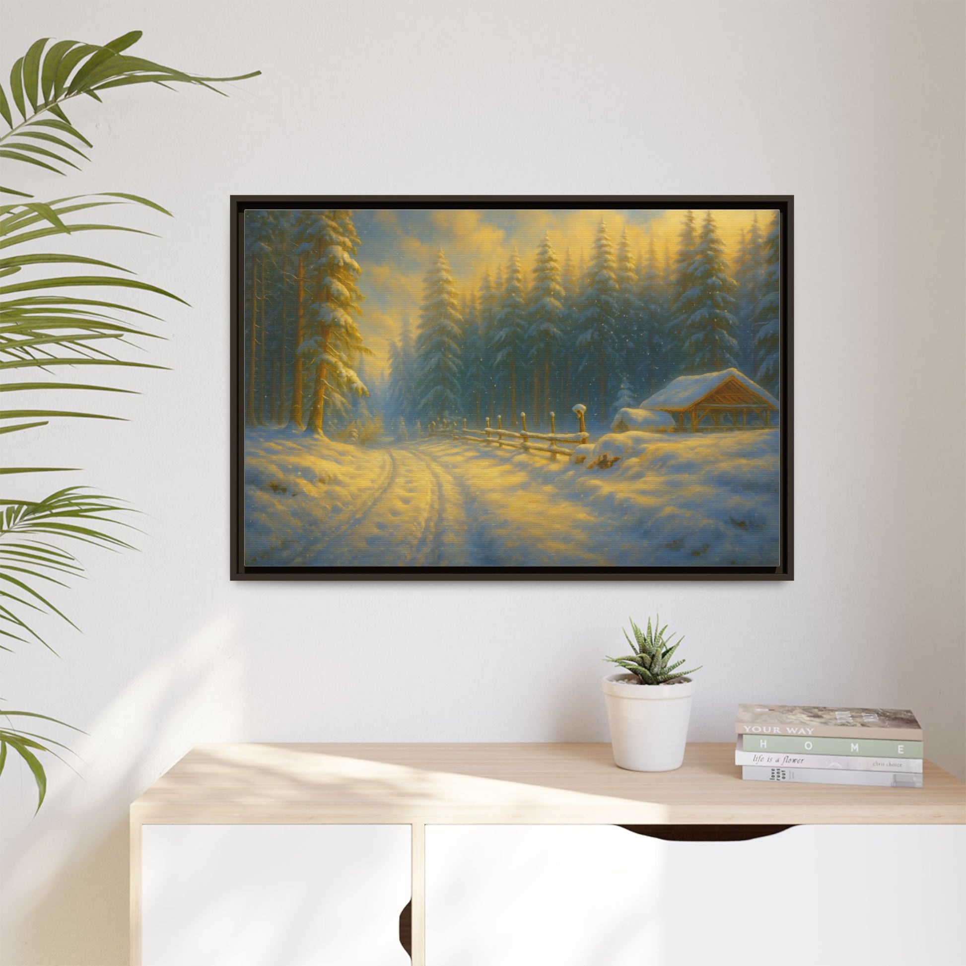 Framed winter cabin canvas print by Printify featuring a snowy forest sunset scene, wall art for cozy home decor.