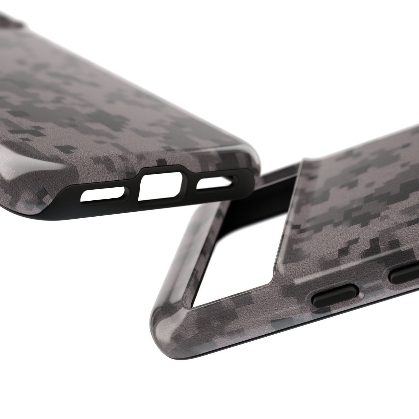 Gray digital camouflage phone case by Printify, tough protective cover for smartphones with camouflage pattern.