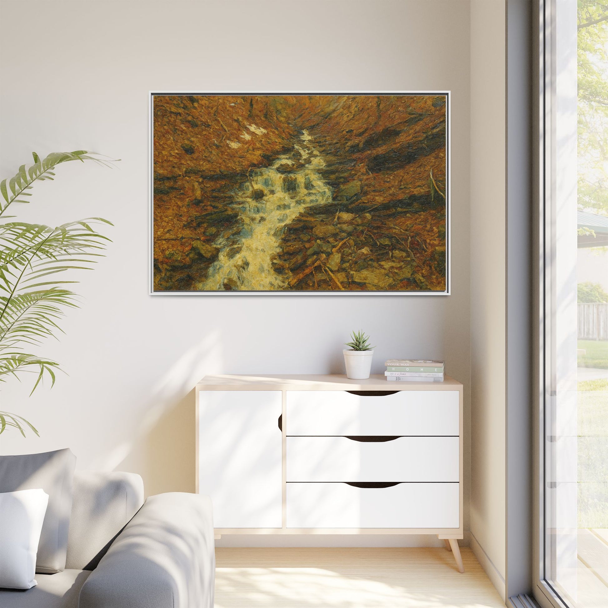 Framed matte canvas print of autumn stream landscape artwork by Printify, showcasing vibrant fall colors and serene nature scene.