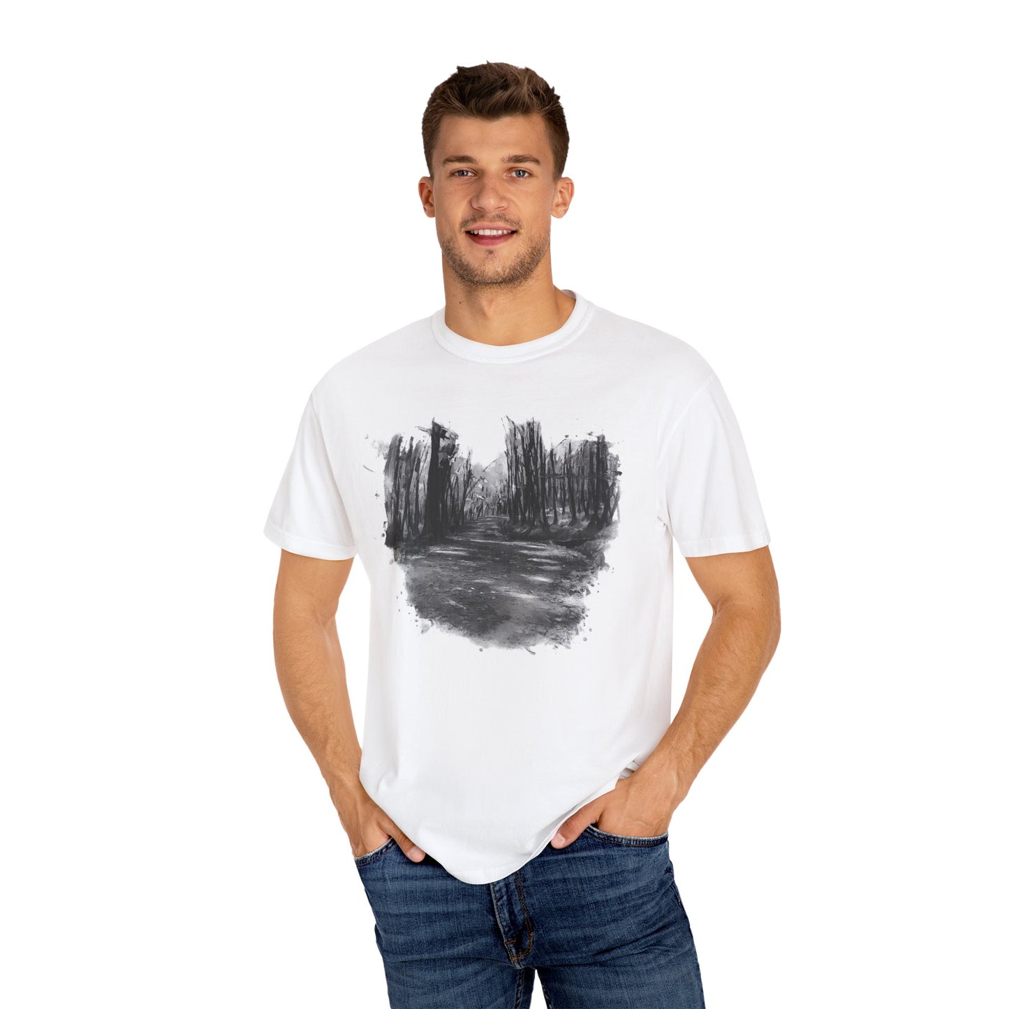 Artistic Forest Scene T-shirt | Nature Lover Gift, Outdoor Adventure Tee, Eco-Friendly Fashion, Vintage Inspired Clothing, Unisex Gift - product image