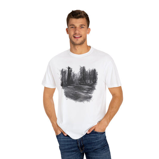 Artistic Forest Scene T-shirt | Nature Lover Gift, Outdoor Adventure Tee, Eco-Friendly Fashion, Vintage Inspired Clothing, Unisex Gift - product image