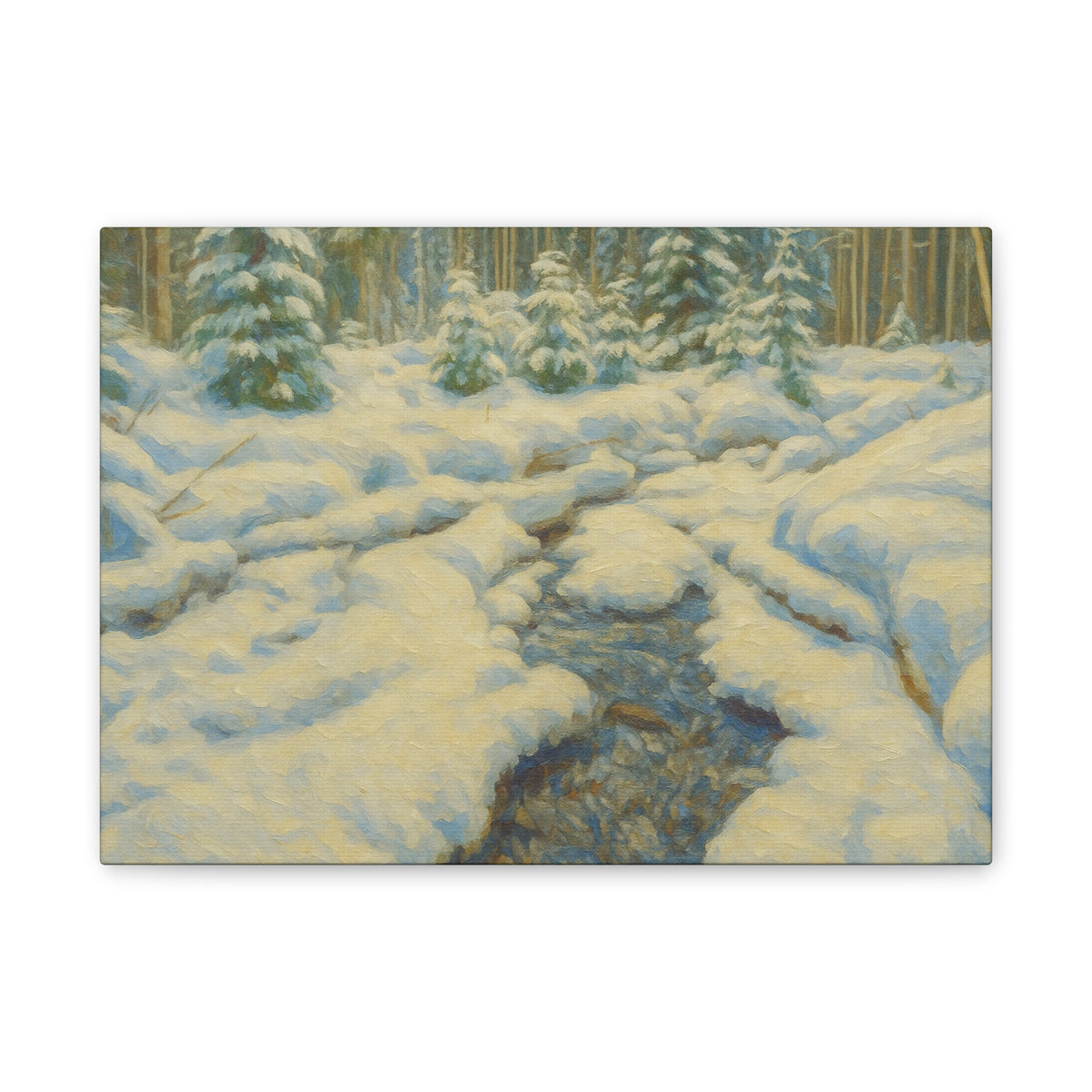 Snowy forest stream landscape on canvas wall art featuring winter scenery with snow-covered trees and flowing stream.