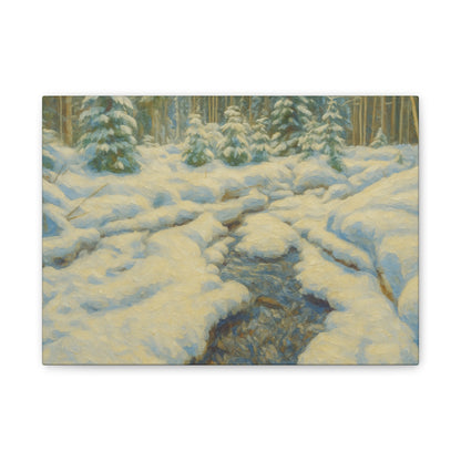 Snowy forest stream landscape on canvas wall art featuring winter scenery with snow-covered trees and flowing stream.