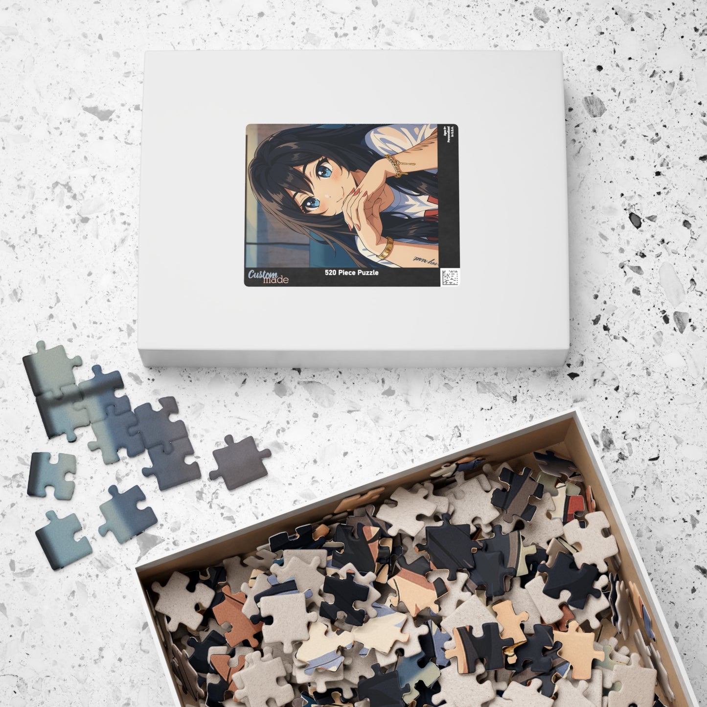 Anime girl portrait puzzle featuring a colorful anime character, 520-piece jigsaw puzzle by Printify.
