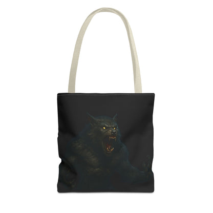 Werewolf tote bag featuring dark Halloween art, perfect gift for horror fans, made by Printify, with spooky wolf illustration.
