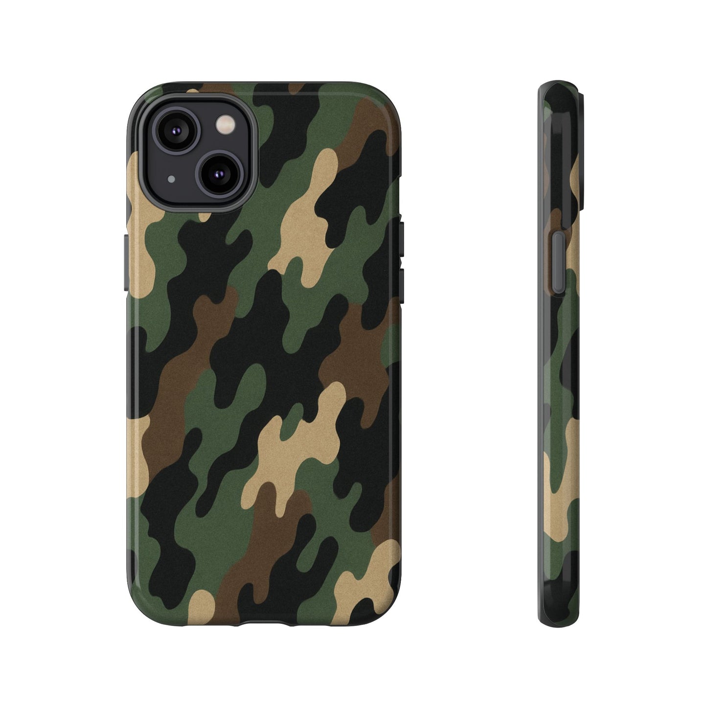 Camouflage tough phone case by Printify showing a rugged camo design with protective edges on a smartphone.