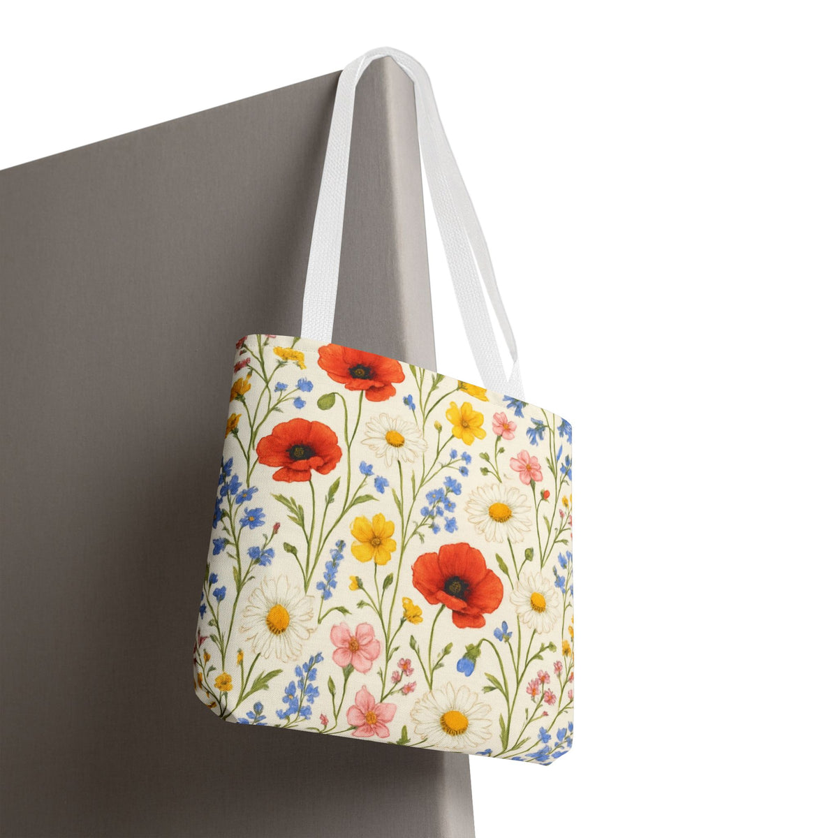 Wildflower Poppy print tote bag with a floral all-over pattern, made by Printify, featuring vibrant poppy flower design.