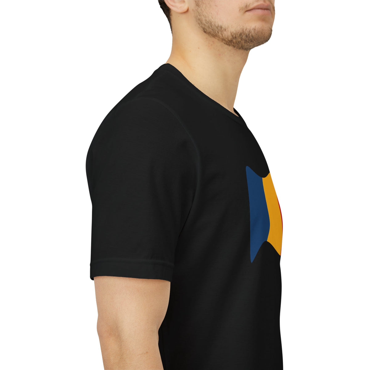 Romania flag T-shirt by Printify featuring a minimal waving tricolor design, casual apparel for Romanian national pride.