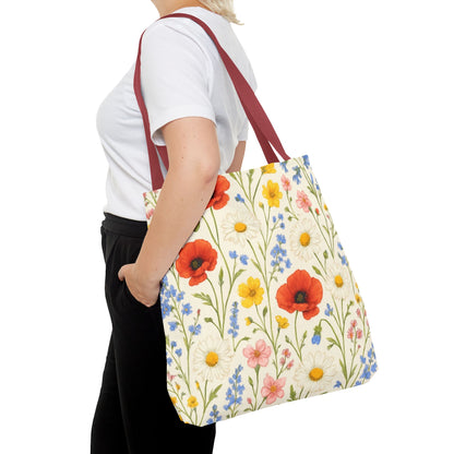 Wildflower Poppy print tote bag by Printify featuring a colorful floral all-over pattern on durable canvas.