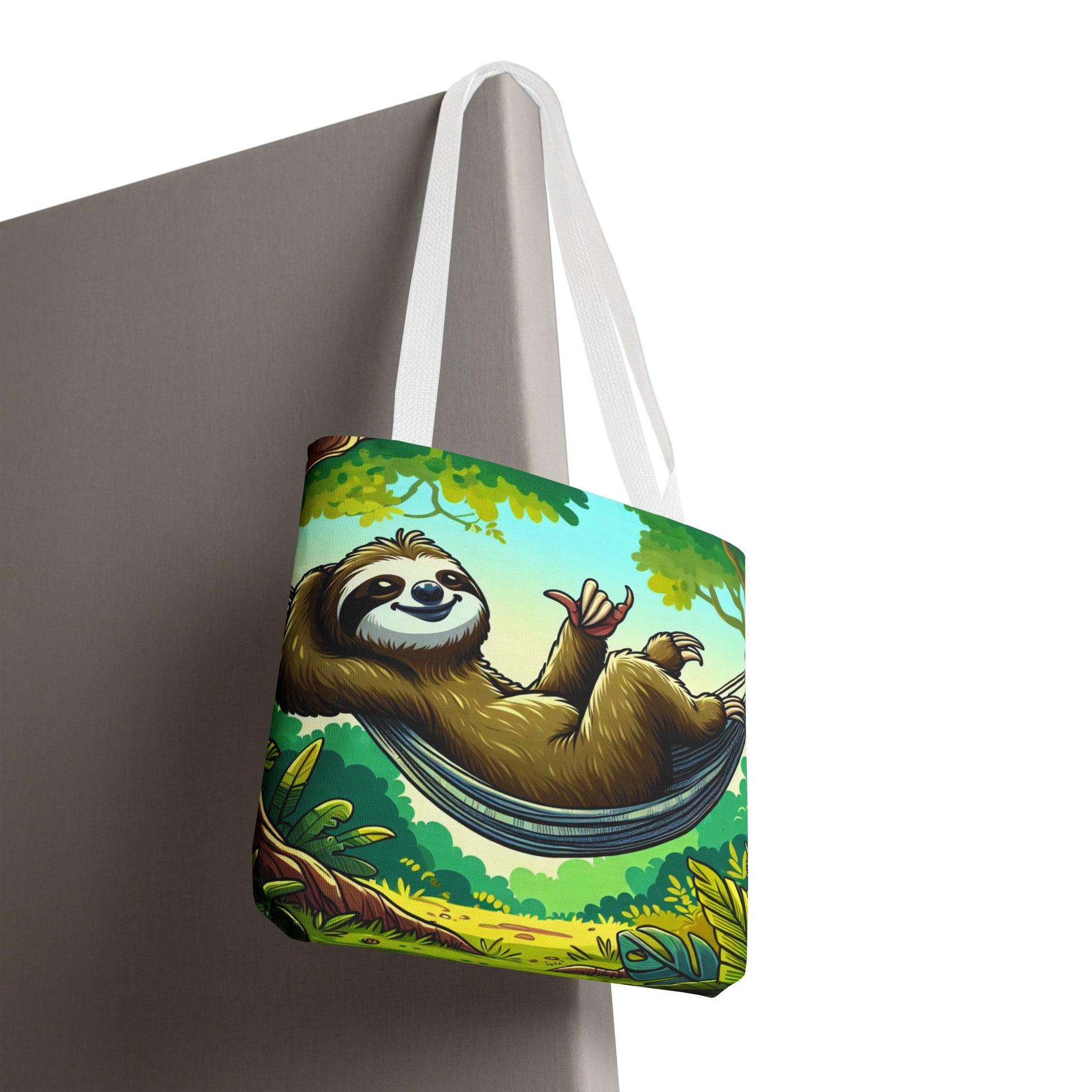 Cute eco-friendly sloth tote bag by Printify featuring a charming sloth illustration, perfect for animal lovers.