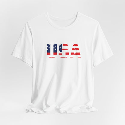 USA Flag Text Tee — Patriotic Fourth of July T-Shirt
